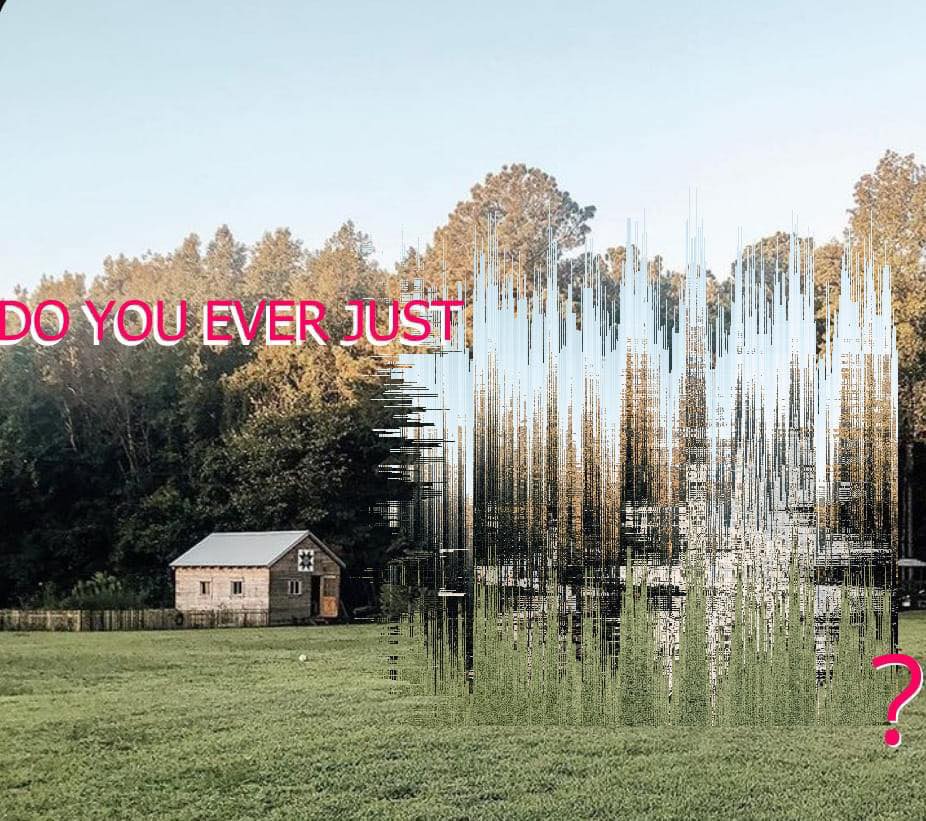 This meme is a picture of a person looking at a small, old-fashioned house in the middle of a forest. The text "DO YOU EVER JUST" is written in bold, pink letters across the top of the image. Below the text, a question mark is shown, implying that the person is asking if anyone ever just... something, but the rest of the sentence is cut off.